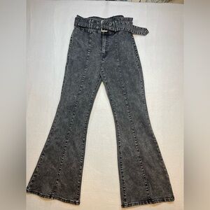 SUPERJENE Belted High Rise Flare Jeans Gray Wash Women’s Size 9 NWT 70’s Style